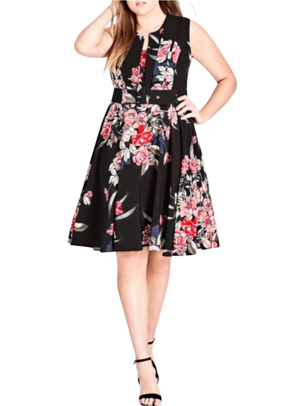 City Chic Black Multi Sleeveless Belted Misty Floral Fit-and-Flare Dress, L/20 - Picture 4 of 13